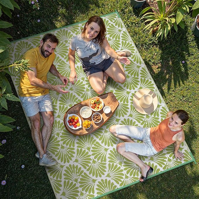 Lahome Outdoor Plastic Straw Camping Rugs, Waterproof 6x9 Outdoor Patio Rugs, Reversible Portable Outside Carpets for Beach Camping Picnic Rv, Pale Green,6'x9'