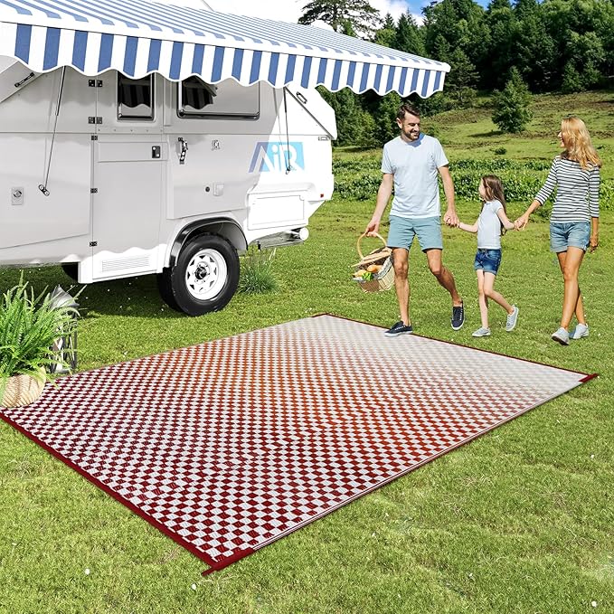 Wonnitar Waterproof 8x10 Outdoor Rug - Orange Red Ombre Checkered Patio Rug, Large Reversible Outside Mat for RV Deck Balcony, Lightweight Colorful Outdoor Camping Carpet