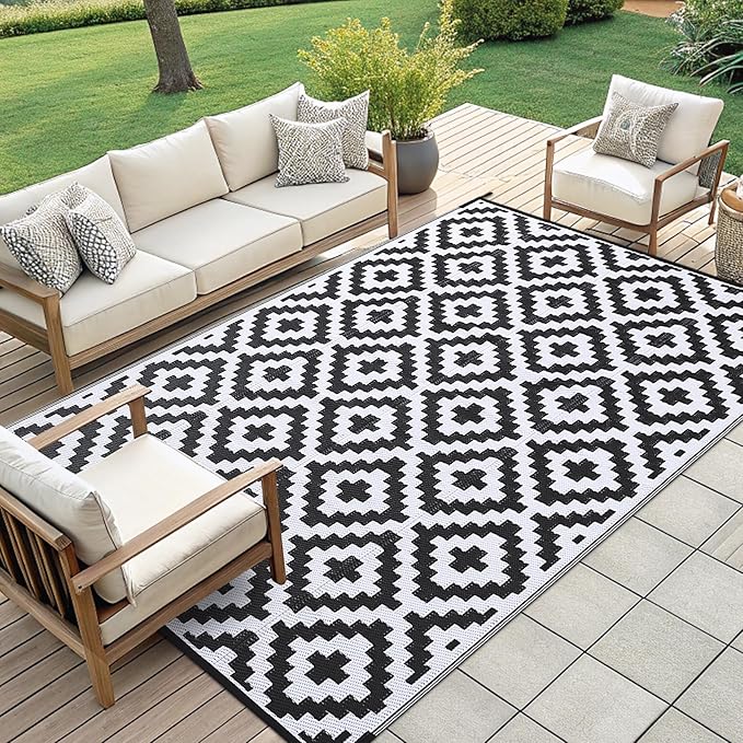 Smiry Waterproof Outdoor Rug 9x12 ft, Reversible Plastic Straw Patio Camping Rugs, Outdoor Indoor RV Mat Carpet for Patio, Outside Entry, Backyard, Deck, Bench, Picnic, Camper, Black & White