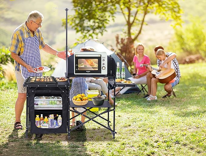 Nice C Camping Kitchen Station, Folding Table & Organizers, Upgrade Light Stand and Windshield Cooking Station, Carry Bag for Beach, Picnic (Black)