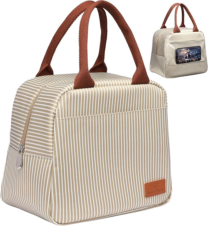 Bagseri Insulated Lunch Bag Women - Lunch Bag for Women Men Reusable Lunch Box Leakproof Thermal Cooler Sack Food Handbags Case High Capacity for Work and Picnic (Khaki White Stripe)