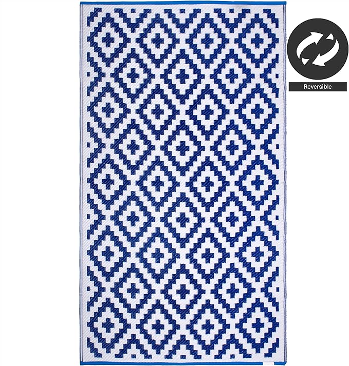 FH Home Outdoor Rug - Waterproof, Fade Resistant, Reversible - Premium Recycled Plastic - Geometric - Patio, Deck, Porch, Balcony, Laundry Room - Aztec - Blue & White Crease Free - 4 x 6 ft