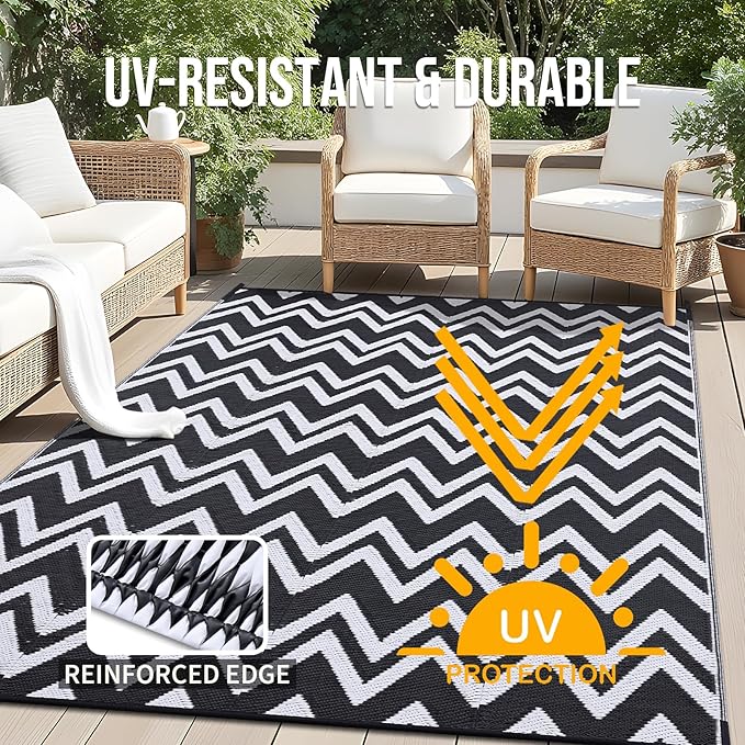OLANLY Waterproof Outdoor Rug 9x12 ft Clearance, Reversible Outdoor Plastic Straw Rug, RV Mat, Indoor Outdoor Carpet for Patio, Camping, Balcony, Deck, Backyard, Black & White