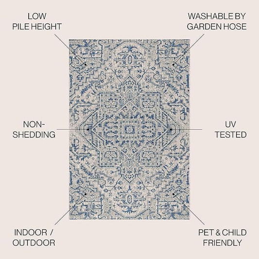 JONATHAN Y SMB105B-9SQ Estrella Bohemian Medallion Textured Weave Indoor/Outdoor Area Rug, Coastal, Traditional, Vintage for Bedroom, Kitchen, Living Room, Easy-Cleaning, Navy/Gray, 9' Square