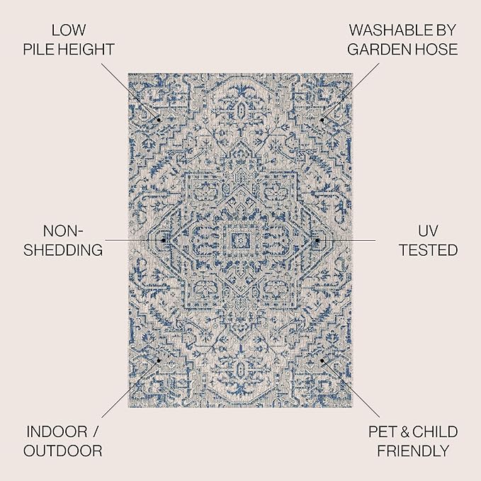 JONATHAN Y SMB105B-3SQ Estrella Bohemian Medallion Textured Weave Indoor/Outdoor Area Rug, Coastal, Traditional, Vintage for Bedroom, Kitchen, Living Room, Easy-Cleaning, Navy/Gray, 3' Square