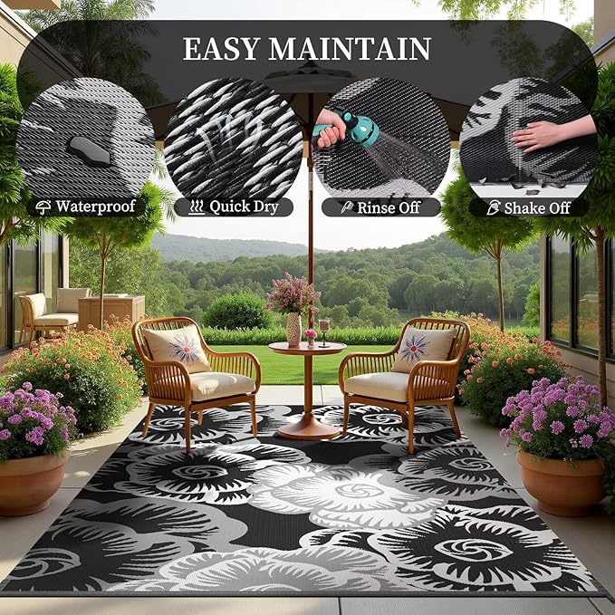 MontVoo Outdoor Rug 8x10 ft Waterproof Patio Rug-Outdoor Carpet Mat Reversible Plastic Straw Outside Outdoor Rug for RV Camping Picnic Beach Balcony Backyard Pool Deck Porch Farmhouse Floral Black