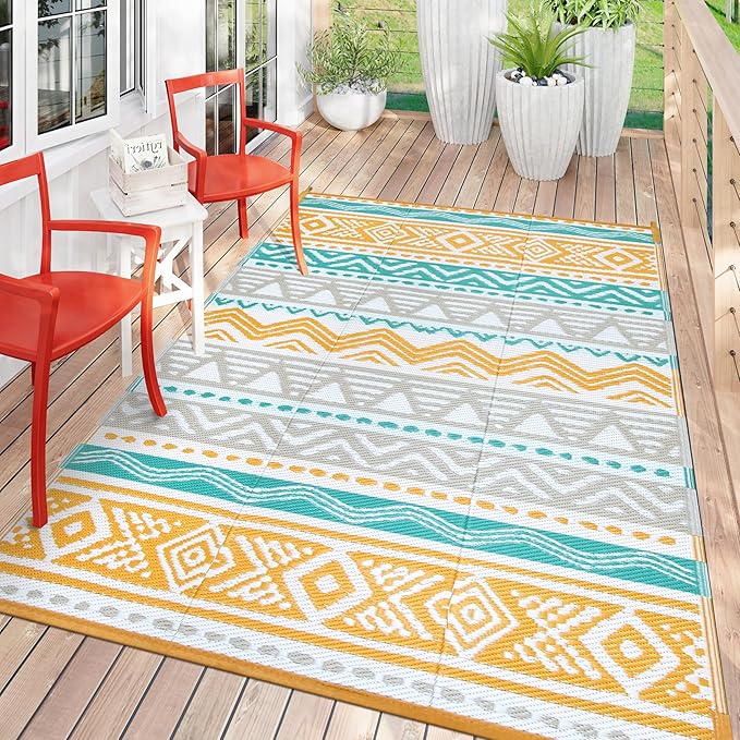 Lahome Outdoor Rug Waterproof, 5x8ft Reversible Outdoor Plastic Straw Rug for Camping Patio, RV Outdoor Rugs Outside, Outdoor Carpet for Porch Deck Backyard Balcony Picnic(Blue/Yellow,5'x 8')