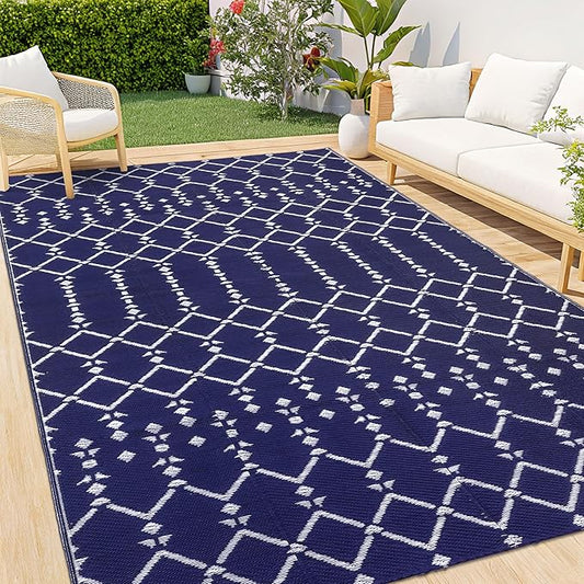 Smiry Outdoor Rug 8x10 ft, Waterproof Reversible Plastic Straw Rugs, Boho Outdoor Area Rug, Outside Floor Mat for Patio, Backyard, Deck, Picnic, Beach, Camping, Navy