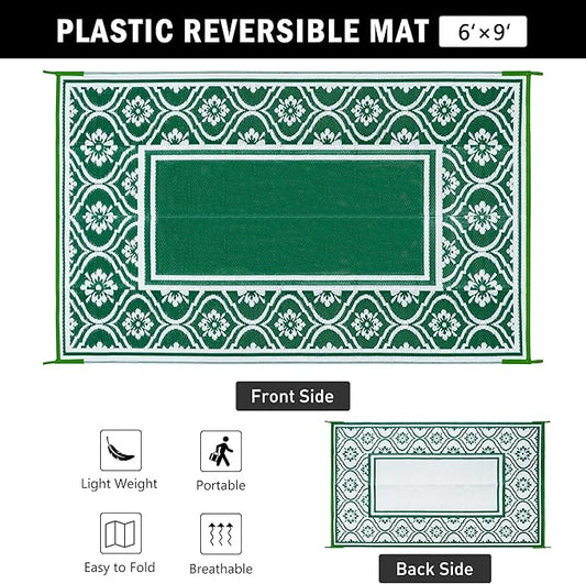 Plastic Outdoor Rug 6'x9' Waterproof Camping Carpet Outside Area Rug Reversible Green Rugs for RV Deck Entryance Porch Picnic Balcony Beach