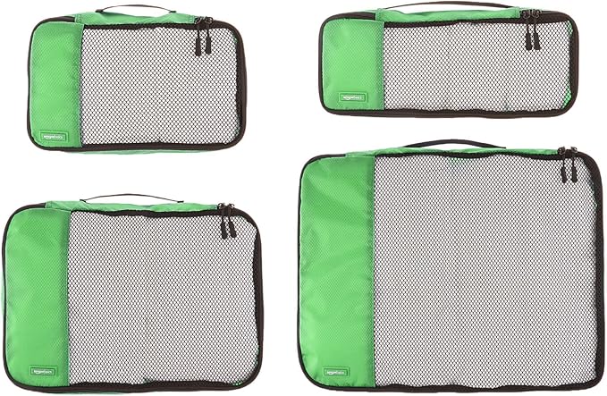 Amazon Basics Packing Cubes for Travel, Packing Organizers Set, 4-Piece-Set (Slim, Small, Medium, Large) With Double Zipper Pulls and Mesh Top Panel, 100% Durable Polyester, Green