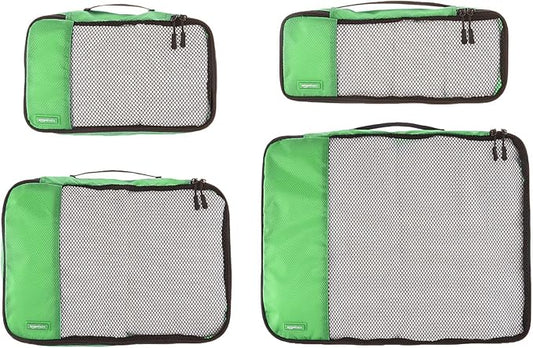 Amazon Basics Packing Cubes for Travel, Packing Organizers Set, 4-Piece-Set (Slim, Small, Medium, Large) With Double Zipper Pulls and Mesh Top Panel, 100% Durable Polyester, Green