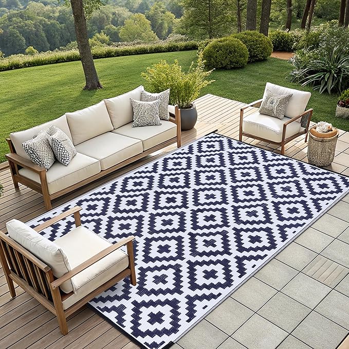 Smiry Waterproof Outdoor Rug 9x12 ft, Reversible Plastic Straw Patio Camping Rugs, Outdoor Indoor RV Mat Carpet for Patio, Outside Entry, Backyard, Deck, Bench, Picnic, Camper, White & Navy