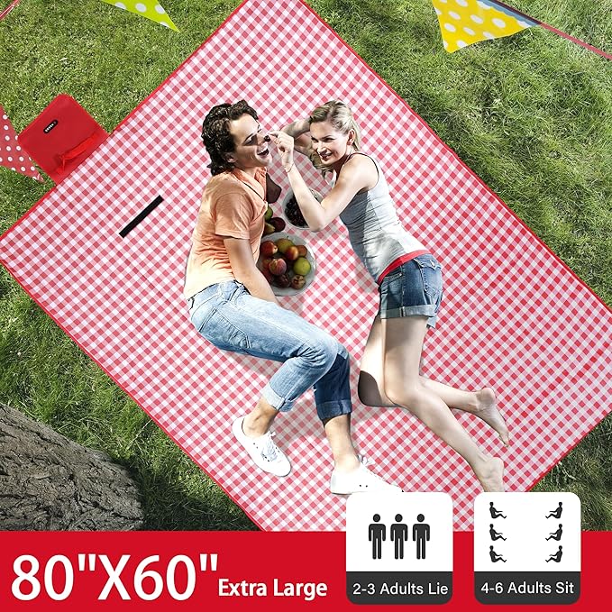 Picnic Blanket Outdoor Extra Large Picnic Mat 80"X60" Camping Blanket Beach Blanket Foldable Waterproof Sand Mat Hiking Travel Family Concerts(Red)