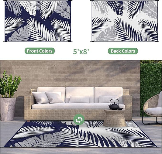 GENIMO Outdoor Rug 5' x 8' Waterproof for Patios Clearance, Reversible Outdoor Plastic Straw Camping Rug Carpet, Large Area Rugs Mats for RV, Picnic, Backyard, Deck, Balcony, Porch, Beach, Blue&White