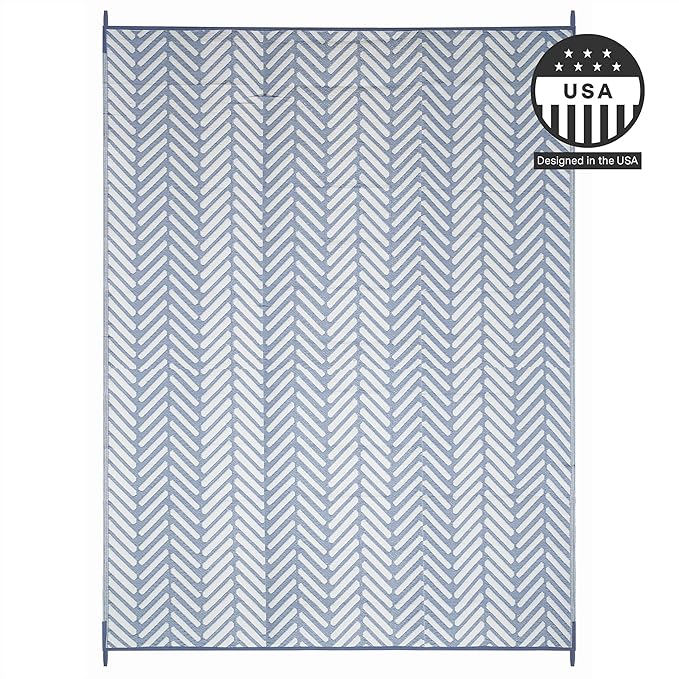 FH Home Outdoor Camping Rug - Waterproof, Fade Resistant, Reversible - Premium Recycled Plastic - Herringbone - Large Patio, Deck, Sunroom, RV - Fresno - Light Blue - 5 x 8 ft Foldable