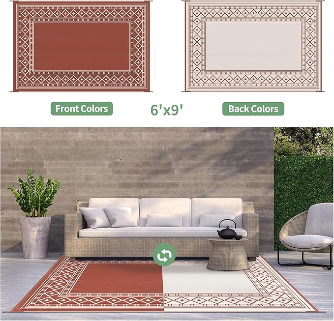 GENIMO Outdoor Rug Waterproof 6'x9' for Patio, Foldable Reversible Plastic Straw Carpet for Travel Trailers, Outside Area Mat for Rv, Deck, Picnic, Porch, Camper, Balcony, Beach, Brick Red