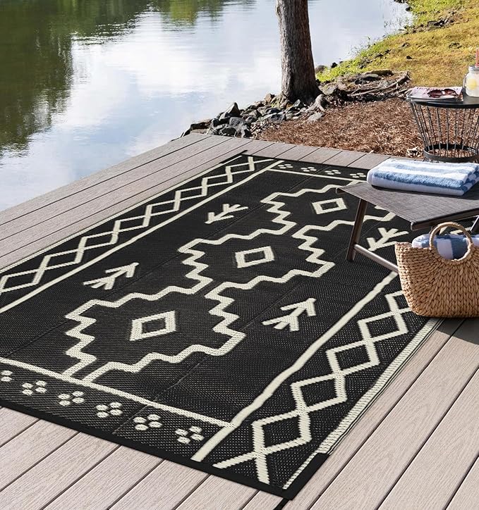 Uphome Outdoor Rug Mat Waterproof 5x8 ft, Reversible Outdoor Plastic Straw Rug, Black Boho Patio Rug, Foldable RV Camping Rug, Indoor Outdoor Area Rug for Backyard Deck Pool Balcony Picnic, 5'x8'