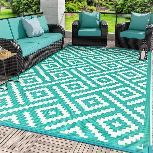 GENIMO Outdoor Rug for Patio Clearance, 6'x9' Waterproof Camping Mat, Reversible Plastic Straw Rugs for RV, Camper, Balcony, Backyard, Picnic, Deck (Lake Green & Beige White)