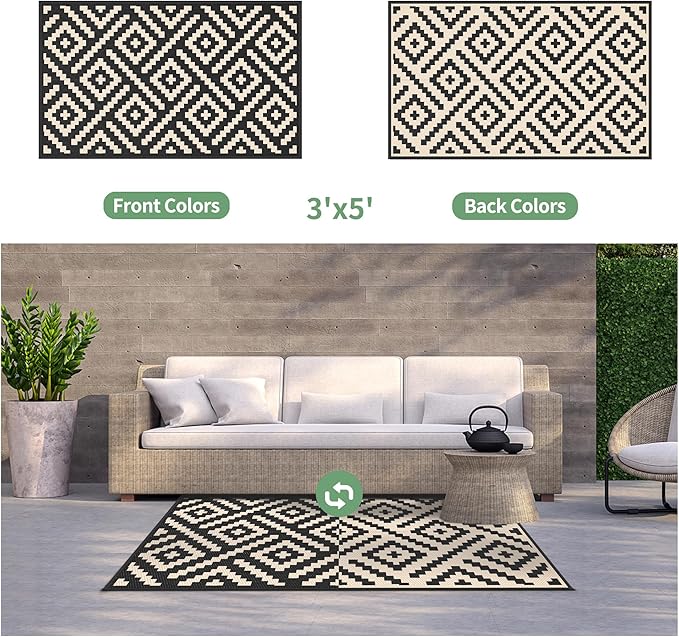 GENIMO Outdoor Rug 3'x5' Waterproof, Reversible Camping Mat, Plastic Straw Rugs for Patio, RV, Camper, Balcony, Backyard, Picnic, Deck (Black & Beige)