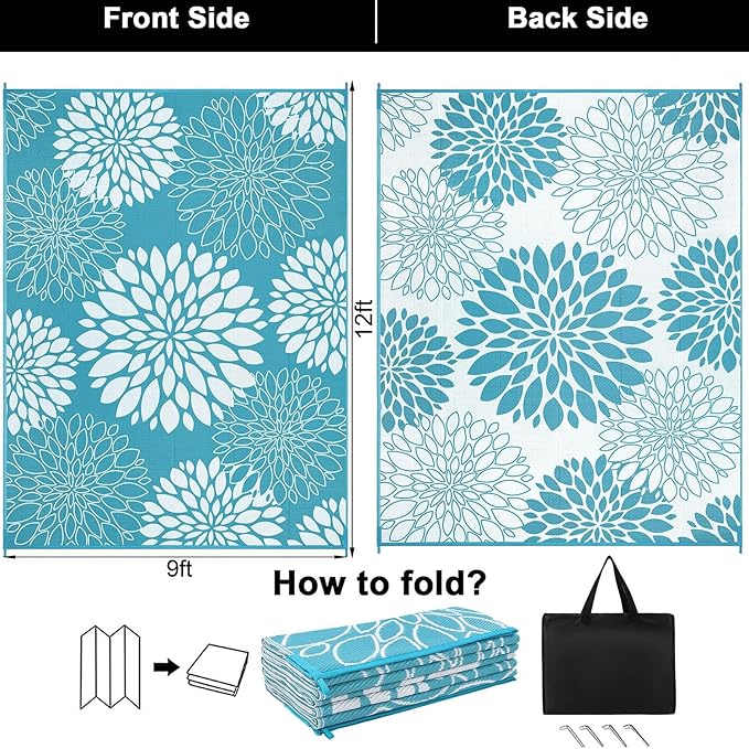 Ileading Reversible Outdoor Rug 9x12Ft Waterproof Patio Rug Carpet Portable Outdoor Plastic Straw Rug Large RV Camping Mat Rug for Patio, Clearance, Deck, Beach, Porch, Camping, Picnic, Teal