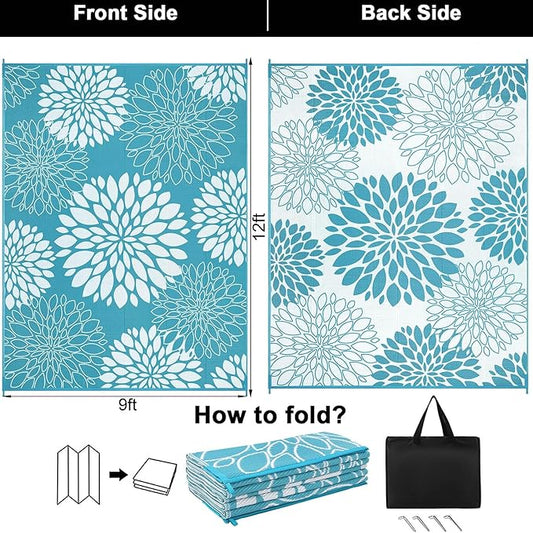 Ileading Reversible Outdoor Rug 9x12Ft Waterproof Patio Rug Carpet Portable Outdoor Plastic Straw Rug Large RV Camping Mat Rug for Patio, Clearance, Deck, Beach, Porch, Camping, Picnic, Teal