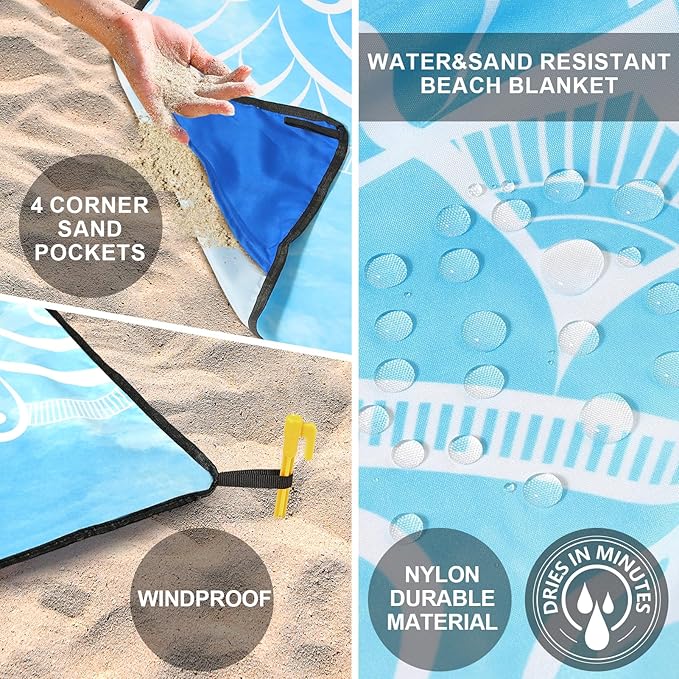 Beach Blanket Waterproof Sandproof Beach Mat 79" X 83" /10'x9'for 2-8 Adults Quick Drying Outdoor Picnic Mat Beach Accessories for Travel, Camping, Hiking