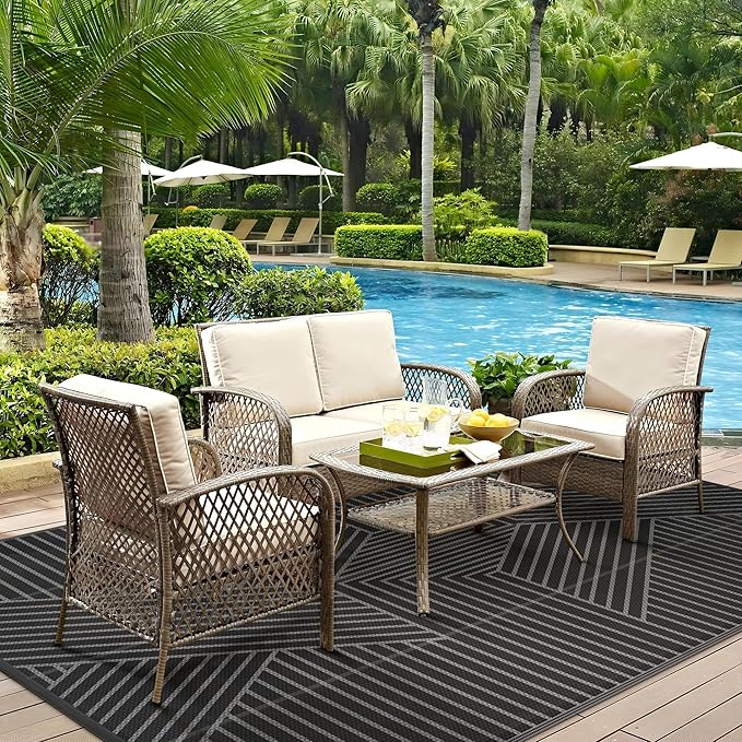 GENIMO Outdoor Rug 9'x12' for Patio Waterproof Clearance, Reversible Outdoor Plastic Straw Rug, Lightweight Carpet Camping Mat for Rv, Camper, Picnic, Balcony, Backyard, Deck, Porch, Black & Gray