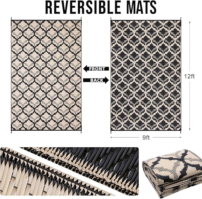 OLANLY Reversible Outdoor Rug 9x12 ft Clearance, Waterproof Outdoor Plastic Straw Rug with Interlacing Pattern, RV Mat for Patio, Camping, Balcony, Deck, Backyard, Black & Beige