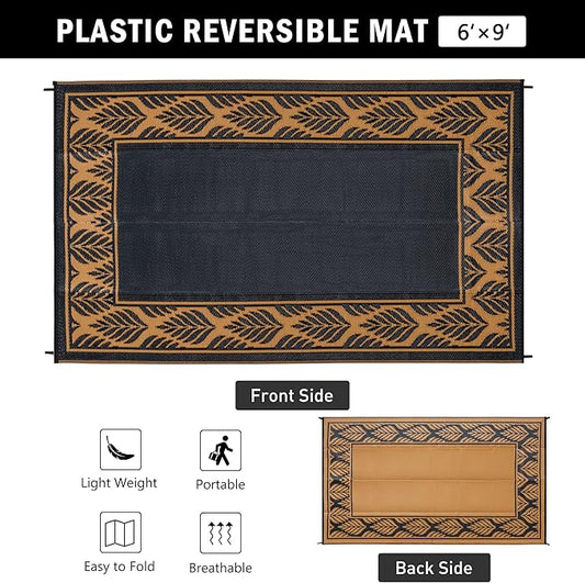 Outdoor Plastic Rug 6'x9' Waterproof Camping Carpet Outside Area Rug Reversible Brown Rugs for RV Deck Entryance Porch Picnic Balcony Beach