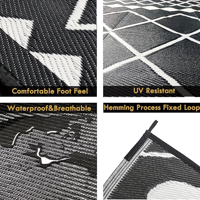 Outdoor Rugs 8x10 for Patios Clearance,Waterproof Mats for Camping,Porch,RV, Portable Plastic Straw Area Rugs Carpet for Picnic,Reversible,Black and White