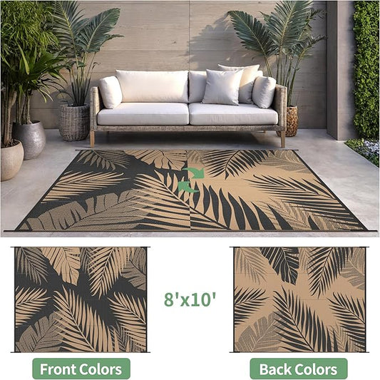 Outdoor Rug 8' x 10' for Patio Waterproof Clearance, Reversible Indoor Outdoor Plastic Straw Camping Rug Carpet, RV Mat, Large Area Rug for Deck, Backyard, Balcony, Porch, Beach,Black and Brown