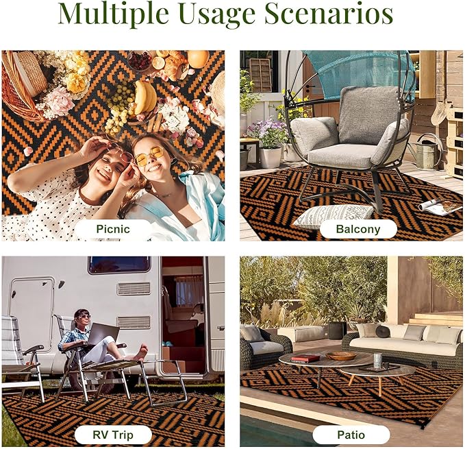 OPPODREAM Outdoor Rug 5x8 Ft, Waterproof Outdoor Plastic Straw Rug for Patio, Reversible Out Door Carpet for Camping, Deck, Rv, 5 x 8 Area Carpet for Balcony, Porch, Backyard, Black and Orange