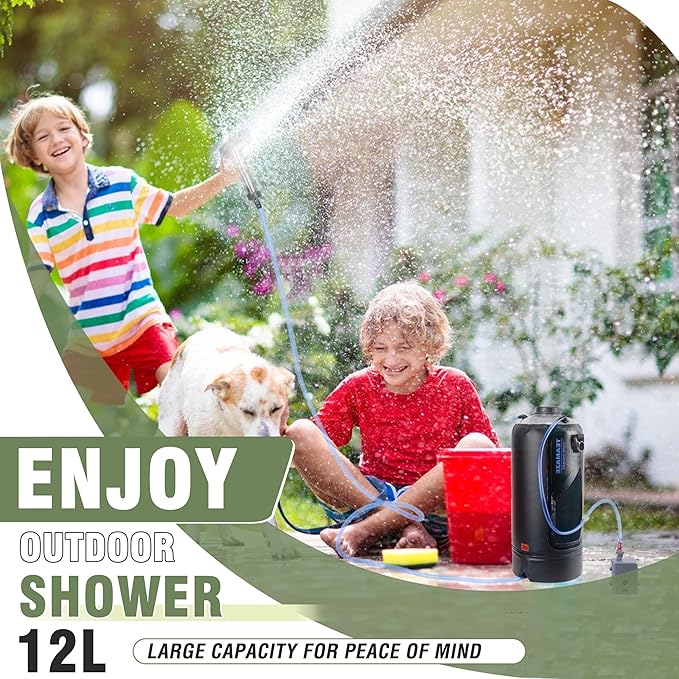 Portable Shower,12L/3.2 Gal Solar Camping Shower Bag with Auto Pressure Pump,Portable Outdoor Shower for Camping,Beach,Hiking,RV,Pet Bath