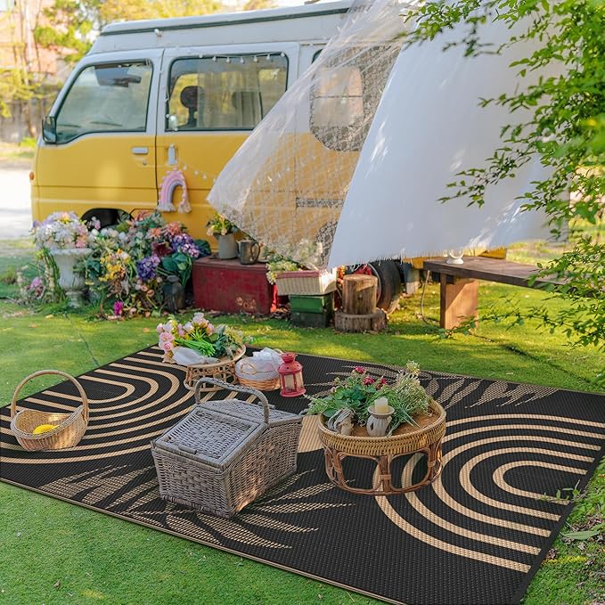 GENIMO Outdoor Rug 5' x 8' Waterproof for Patios Clearance, Reversible Outdoor Plastic Straw Camping Rug Carpet, Large Area Rugs Mats for RV, Camper, Deck, Balcony, Porch, Beach, Picnic, Black&Brown