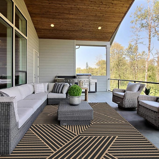 GENIMO Outdoor Rug 5'x8' for Patio Waterproof Clearance, Reversible Outdoor Plastic Straw Rug, Lightweight Carpet Camping Mat for Rv, Camper, Picnic, Balcony, Backyard, Deck, Porch, Black & Brown
