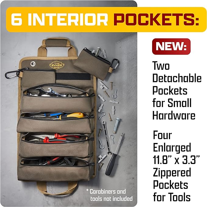 The Ryker Roll Up Tool Bag Organizer Gifts for him (2-pack) Heavy Duty Small Motorcycle Tool Roll Bag Organizer Portable Rollup Toolbag w/Detachable Pouches Mens gifts for Dad, Mechanic & Hobbyist