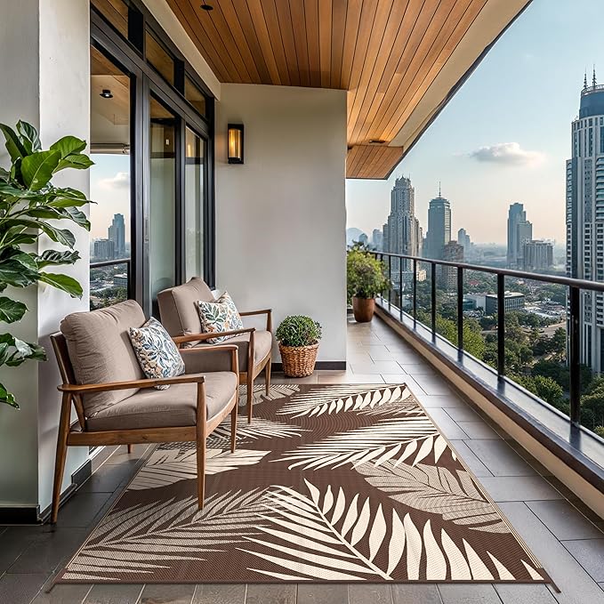 GENIMO Outdoor Rug 9' x 12' Waterproof for Patios Clearance, Reversible Outdoor Plastic Straw Camping Rug Carpet, Large Area Rugs Mats for RV, Camper, Deck, Balcony, Porch, Beach, Picnic, Coffee&Beige