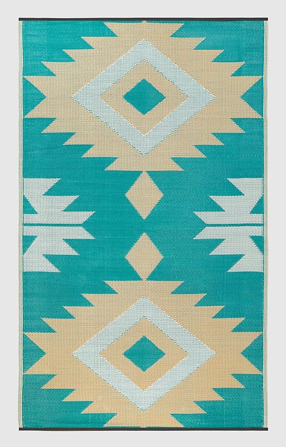 FH Home Outdoor Rug - Waterproof, Fade Resistant, Reversible - Premium Recycled Plastic - Geometric - Patio, Deck, Porch, Balcony - Bursa Kilim - Teal Crease Free - 6 x 9 ft