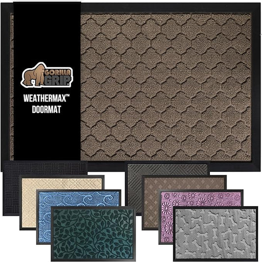 GORILLA GRIP 100% Waterproof All-Season WeatherMax Doormat, 23x35, Durable Natural Rubber, Stain and Fade Resistant, Low Profile, Indoor Outdoor Doormats, Easy Clean Patio Entry Mat, Latte Quatrefoil