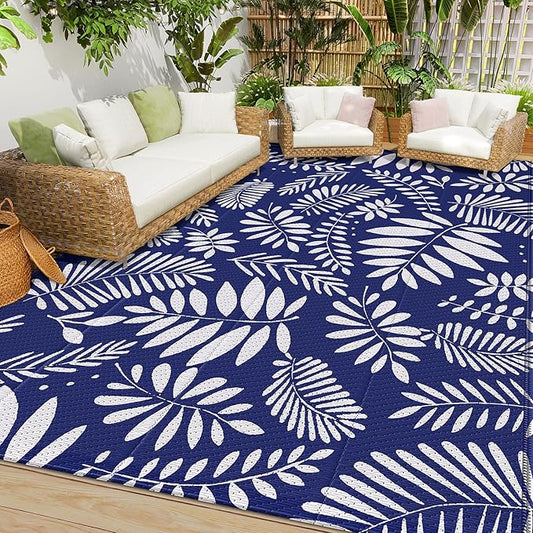 StepRite Outdoor Rug, Patio Rug, Plastic Straw Camping Rugs, Large Waterproof Area Rug and Mat for Outdoors, RV, Patio, Backyard, Deck, Porch, Beach, Balcony, (6'x 9', White & Blue)