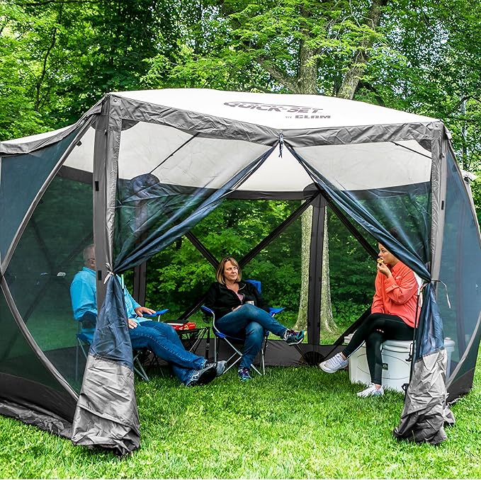 CLAM Quick-Set Escape Sport 11.5’ x 11.5’ Pop-Up Outdoor Camping Gazebo Instant Screen Tent 6-Sided Canopy Shelter with 6 Wind and Sun Panels, Gray