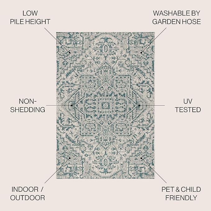 JONATHAN Y SMB105C-9 Estrella Bohemian Medallion Textured Weave Indoor Outdoor Area-Rug Coastal Bohemian Rustic Glam Easy-Cleaning Bedroom Kitchen Backyard Patio Non Shedding, 9 X 12, Teal/Gray