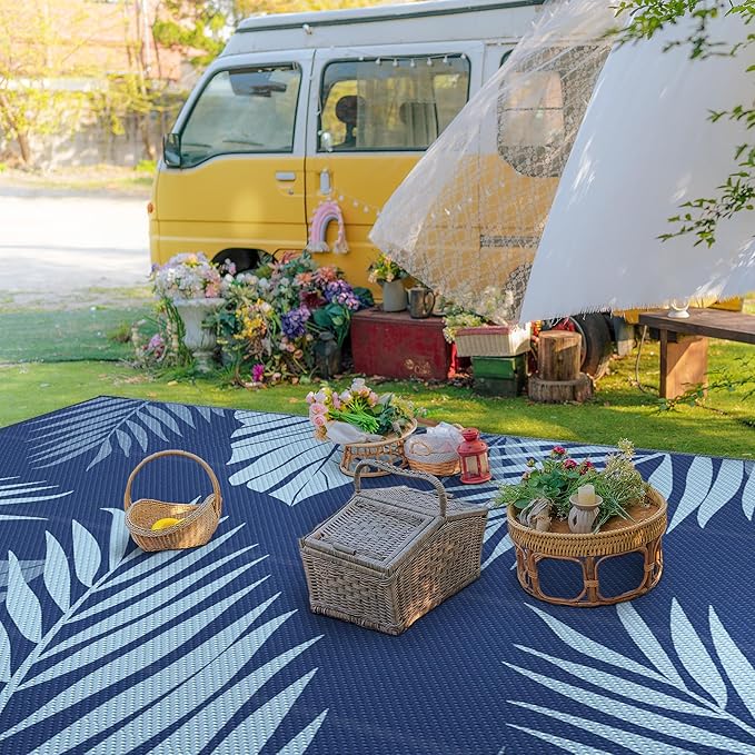 GENIMO Outdoor Rug 10' x 14' Waterproof for Patios Clearance, Reversible Outdoor Plastic Straw Camping Rug Carpet, Large Area Rugs Mats for RV, Camper, Deck, Balcony, Porch, Beach, Navyblue&Babyblue