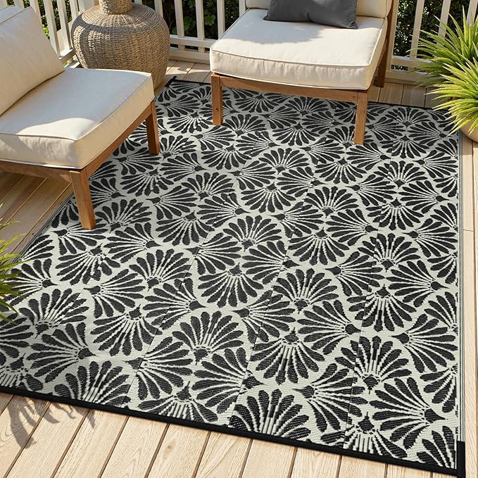 Lahome Outdoor Rug Patio Waterproof 6x9, Black Outdoor Plastic Straw Rug for Porch, Portable Lightweight Mats for Backyard Garden Deck Camping Outside, Black White,6'x9'