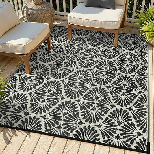 Lahome Outdoor Rug Patio Waterproof 6x9, Black Outdoor Plastic Straw Rug for Porch, Portable Lightweight Mats for Backyard Garden Deck Camping Outside, Black White,6'x9'