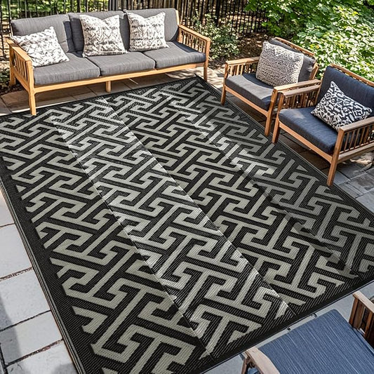 Waterproof Outdoor Rug 9x12 ft, Reversible Plastic Straw Rug, Easy to Clean Patio Rug, Portable Carpet for Patio, RV, Deck, Balcony, Backyard, Picnic, Beach, I-Shaped, Black