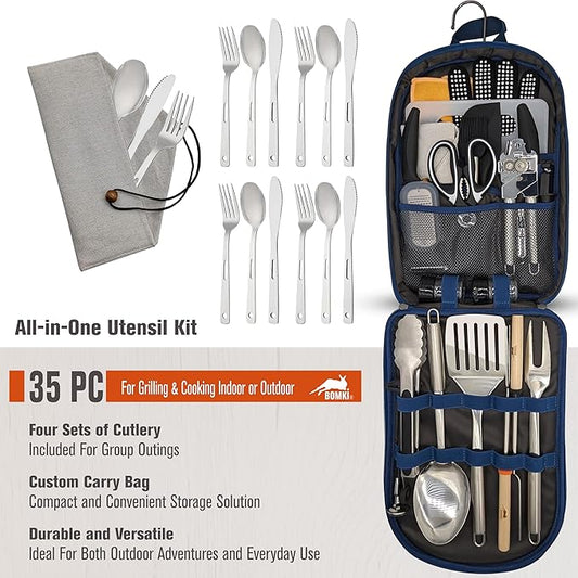 BOMKI Grilling and Camping Cooking Utensils Set for The Outdoors BBQ - Camping Utensil Set Camping Kitchen Set Cookware Accessories Camping Essentials Camping Stuff Camp Cooking Set (Blue Pro)