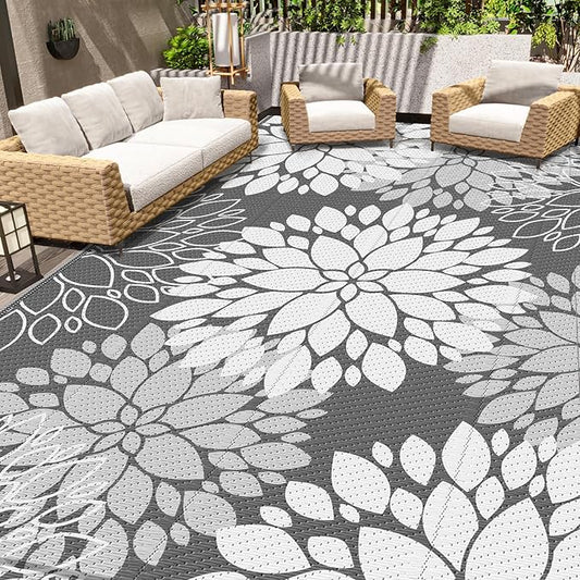 LuxStep Outdoor Rug Waterproof Outdoor Plastic Straw Rug Reversible Patio Rug Mat Outdoor Decor Large Area Mats for RV, Picnic, Backyard, Deck, Balcony, Porch, Beach, Camping, 8' x 10' Grey