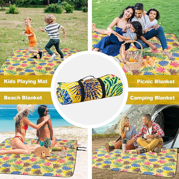 PY SUPER MODE Picnic Blankets Extra Large, Waterproof Foldable Outdoor Beach Blanket Oversized 83x79” Sandproof, 3-Layer Picnic Mat for Camping, Hiking, Travel, Park, Concerts-Tropical Color Leaf