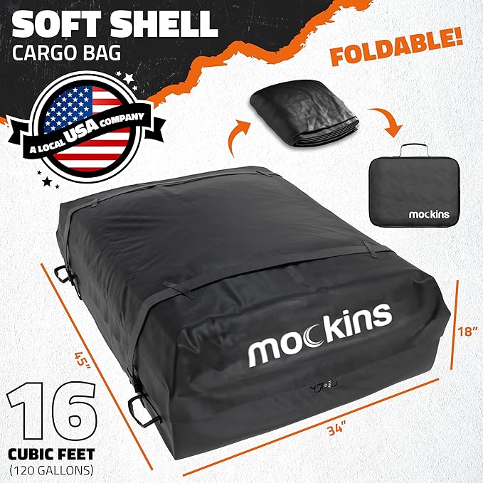 Mockins 16 Cu.Ft. Heavy Duty Car Roof Bag 45"x34"x18" | Works with or Without Roof Rack | Great for Road Trip Vacations, Camping Adventures & More | Set Includes Roof Mat, Lock, Hooks & Straps